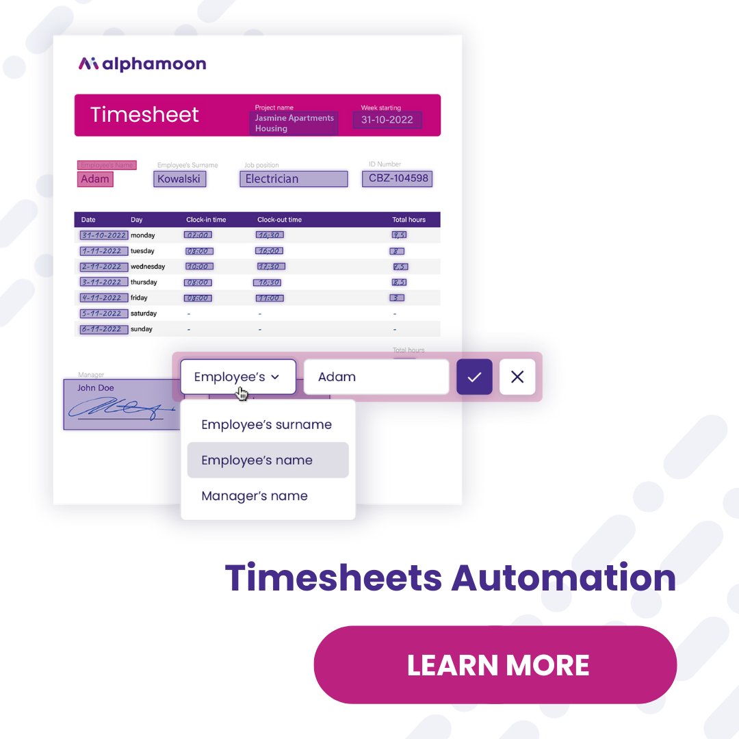 #timesheets ⏱️

On the one hand, the backbone of many businesses.

On the other, when processed manually, a potential source of unnecessary cost.

Is it possible to keep the process but lose the downside? Yes, it is. ✅

Check out our guide to learn how 🤫
alphamoon.ai/timesheets-aut…
