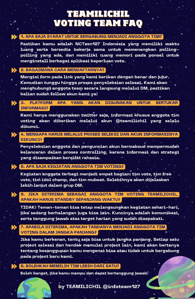🚀 Ay-Yo OPEN RECRUITMENT VOTING TEAM 🚀

Teamilichil mencari NCTzen127 yang bersedia untuk join tim voting dan menyukseskan #NCT127 Ay-Yo! 😍

Pilihan tim: 
✅Vote/Mnet
✅Mubeat
✅Idol Champ
✅Free Vote

Pendaftaran, klik link di sini
🔗 bit.ly/Ay-Yovote

<a href="/NCTsmtown_127/">NCT 127</a>