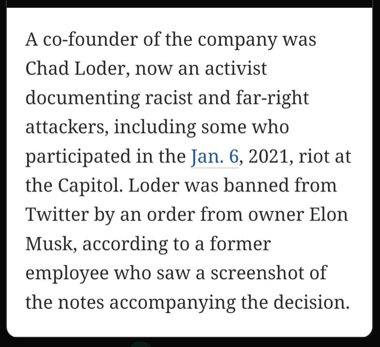 RebeccaLAnders's tweet photo. According to the @WashingtonPosr, @ChadLoder was personally banned from Twitter by an order from @ElonMusk. #TwitterNotes viewed by former employee https://t.co/zKAgWf5Hz4