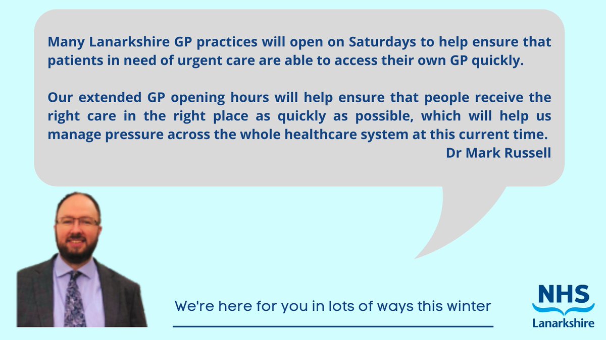 NHSLanarkshire's tweet photo. To help us manage the current pressure across the whole healthcare system many of our GP practices will open extra hours on Saturdays throughout January.

Information on the GP practices offering extended hours is available here https://t.co/TCjiDedI3Z https://t.co/fgt2sYgzr5