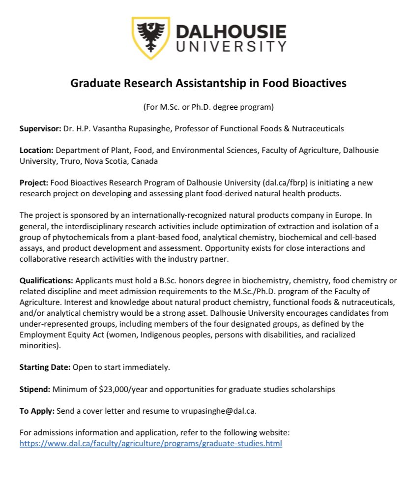 drhammed's tweet photo. Fully-Funded MSc or PhD position at Dalhousie University, Canada.

Suitable for students with background (&amp; interest) in Biochemistry, Chemistry, Food Chemistry, Food Science, Nutrition, and related fields. 

Start date- ASAP

So, please apply👇 https://t.co/QirKxP5zBx