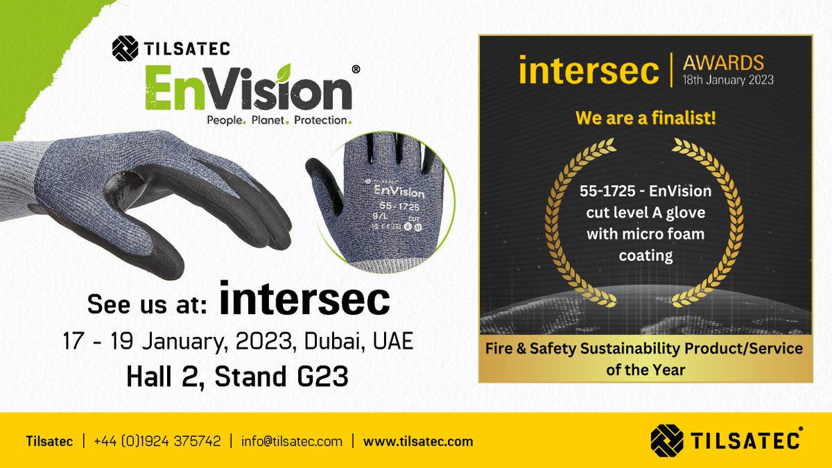 Tilsatec's tweet image. We kick off the NY with @IntersecExpo in Dubai, Jan 17-19. 
We&apos;re also delighted to be a Finalist in the Intersec Safety Sustainability Product of the Year Awards with our  EnVision glove, made from 86% recycled yarn content.
#handsafety #sustainability #intersec2023