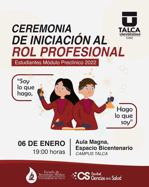 CsSaludUTalca's tweet photo. 📌 Actividad de #TMUTalca 📅 6 de enero, 19.00 horas, en el Espacio Bicentenario, Campus #Talca, #UTalca 😀

#TecnologíaMédicaUTalca #TecnologíaMédica https://t.co/X43yVqo6GY