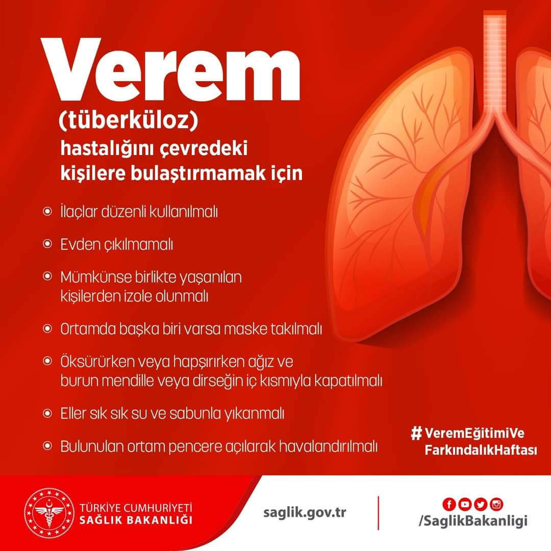 Verem (tüberküloz) hastalığını çevredeki kişilere bulaştırmamak için neler yapılmalıdır? 👇
#VeremEğitimiVeFarkındalıkHaftası