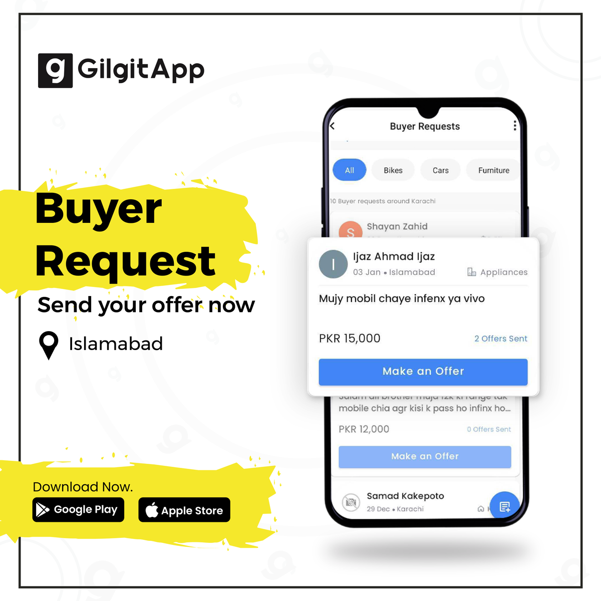GilgitApp's tweet photo. Kiya ap bi apna product jaldi baichna chahty hain? abi Buyers kw offers send karain!
.
.
#gilgitapp #buy #sell #kuchhatkkar #buynow #items #product #buyerrequest #requestnow #islamabad #lahore #rawalpindi #mobilephone #infinix #vivo #plots #property #shop #bakeryshops #gilgit https://t.co/It6Ld71sOm