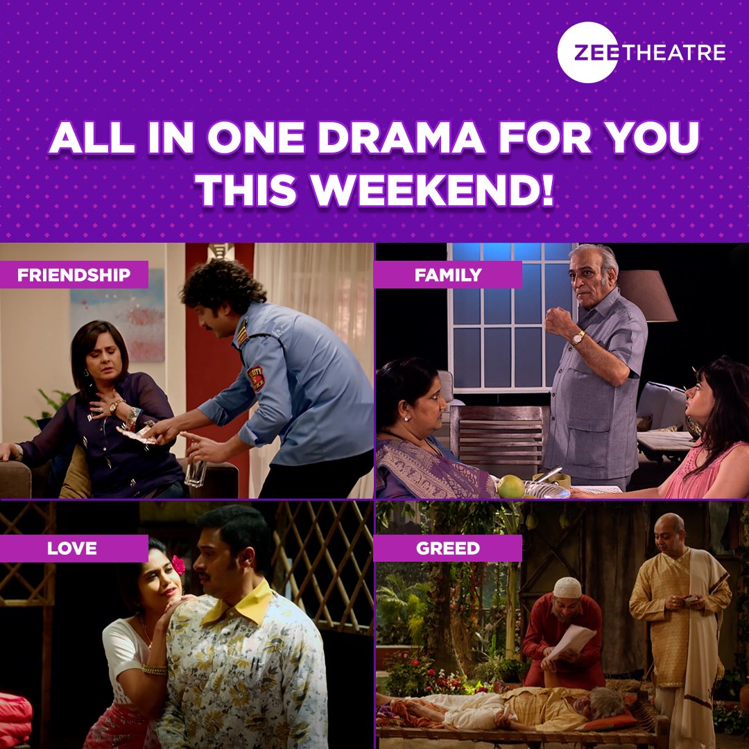 Zee_Theatre's tweet image. No plans for the weekend?
We have got you covered with full of Drama.

 #BagiyaBancharamKi #Timeplease #Typecaste #HasmukhSaabKiWasihat #WorldTheatre #TheatreLife #Natak #HindiTheatre #Drama #Teleplay #ZeeTheatre #WeekendSpecial