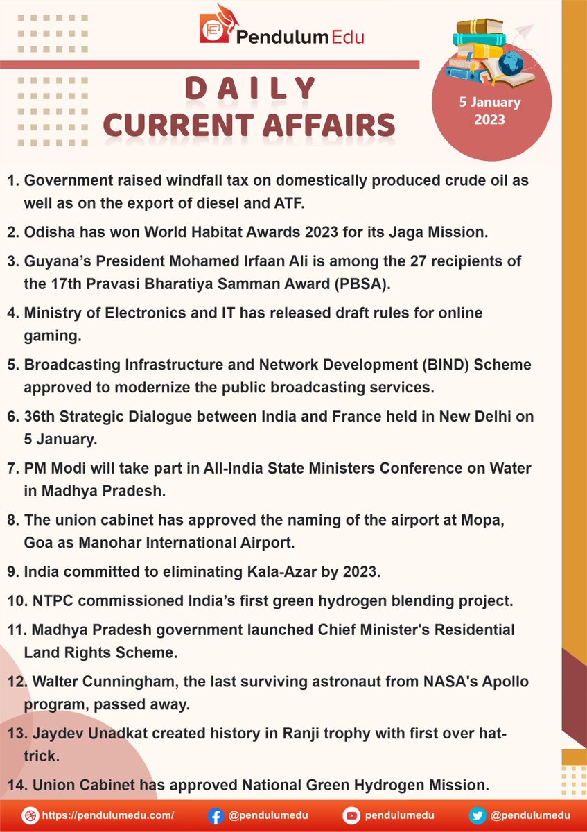 pendulumedu's tweet photo. Current Affairs of 5 January 2023 in English - https://t.co/ny7mHLtlX8
#currentaffairs #news #latestnews #breakingnews #pendulumedu #waltercunningham #residentiallandrightsscheme #NTPC #kalaazar2023 #manoharinternationalairport #allindiastateministersconference #india #france https://t.co/AjSnIuRAB0