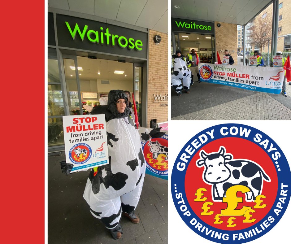 STOP_MULLER's tweet image. The #GreedyCow took our message to #Greenwich @waitrose today. @MullerRice makes bumper profits whilst the driver workforce at Muller have their family lives driven apart. We demand a return to the previously agreed shift patterns! #STOPMULLER