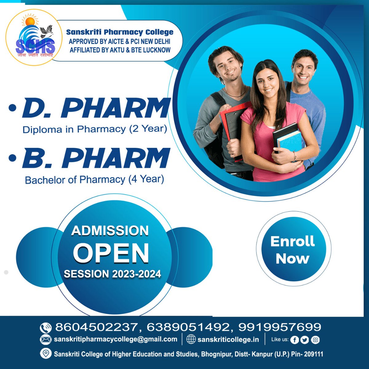 CollegeSchs's tweet photo. Are you looking for B.Pharm, D.Pharm ?
Sanskriti Pharmacy College is one of the Best Pharmacy College in Uttar Pradesh.
Admission Open for Session 2023-2024
Enroll Now | Limited Seats 
#Admission #Open

For any queries contact 📞: 8604502237, 6389051492, 9919957699
#Schs https://t.co/VShkNe9GBp