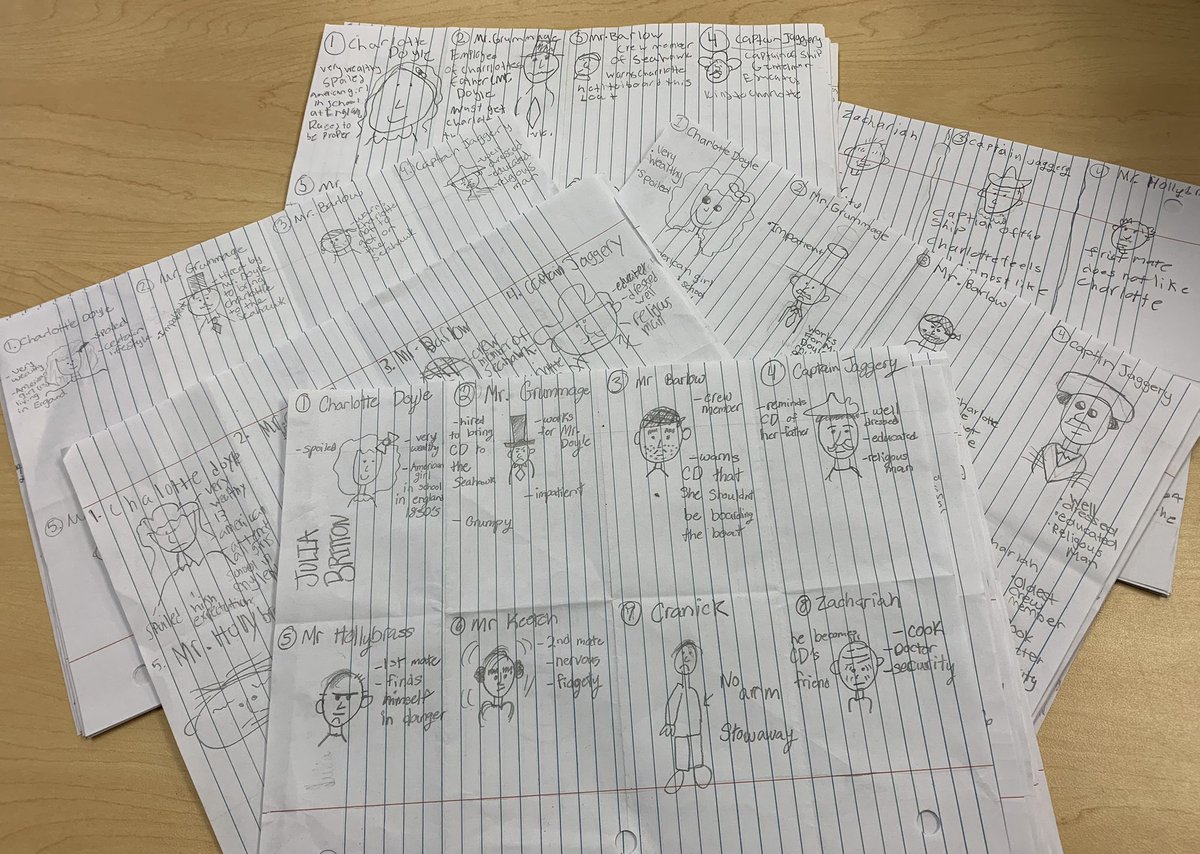 Jon_Fishman8's tweet photo. Today in 6th grade English, @NBPSEagles students created character sketches based on the characters of The True Confessions of Charlotte Doyle by Avi. #nbpsenglish #nb6thgrade https://t.co/SB5xt5gb5H