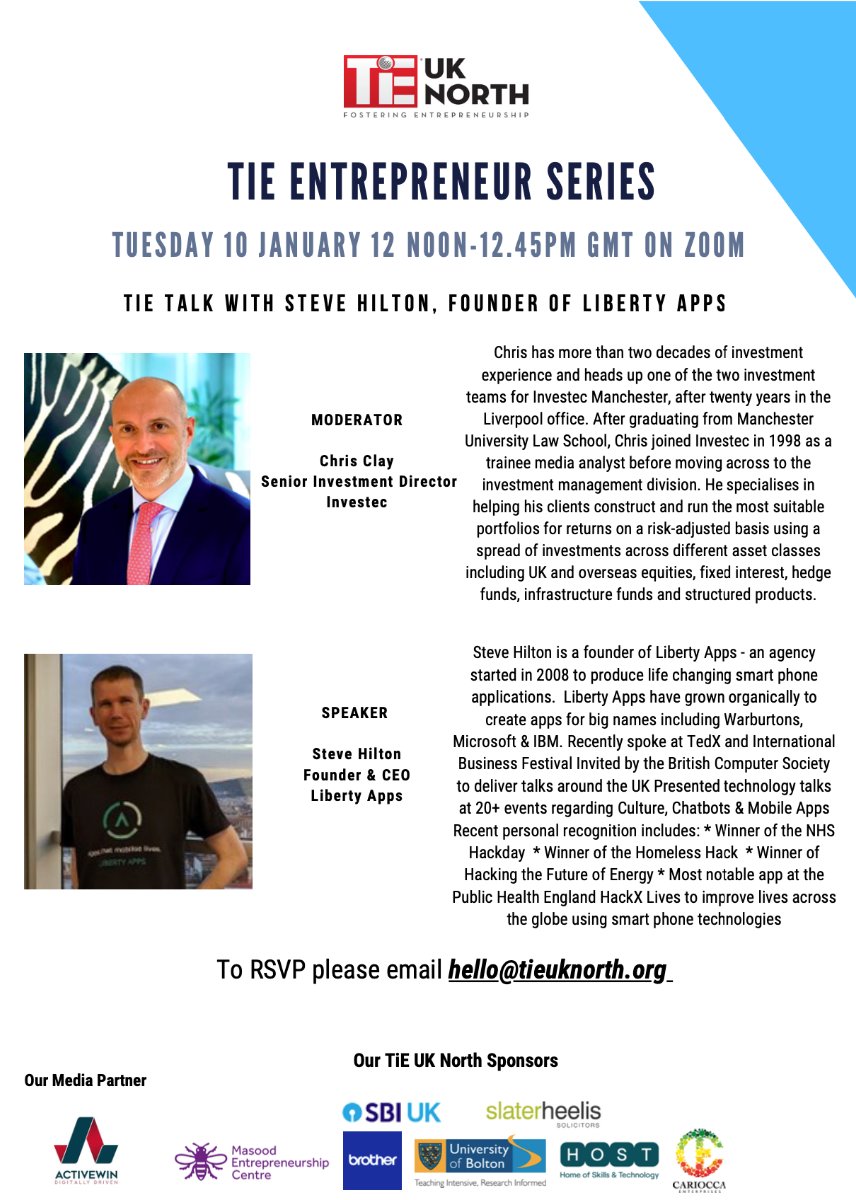 This is sure to be a great event next week listening to one of the most forward thinking App developers in the North West <a href="/libertyapp/">stephen estes</a>.
To register for this event please email hello@tieuknorth.co.uk #tieuknorth #entrepreneur