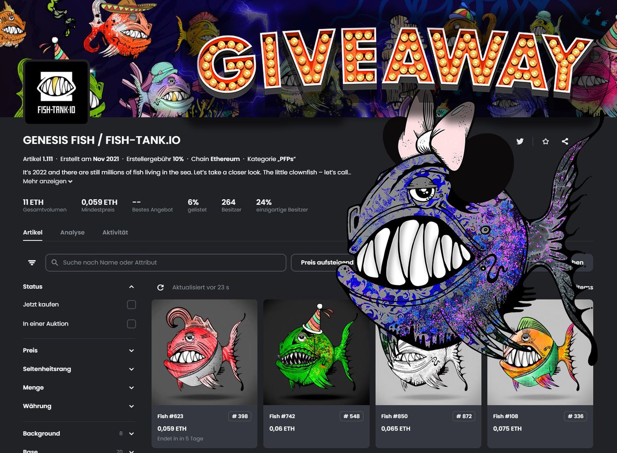 We’re so excited to have all 1'111 Genesis Fish finally on @Opensea. So we give away 1 #NFT to a lucky winner. LFG!!! 🧡🪝👀 #blubblub
 
To enter:
1️⃣ Like and RT 
2️⃣ Follow <a href="/FISHTANK_NFT/">FISH-TANK.IO</a> 
3️⃣ Tag 3 friends 
 
Ends in 72 Hours
#NFTGiveaways 

Collection: 
opensea.io/collection/fis…