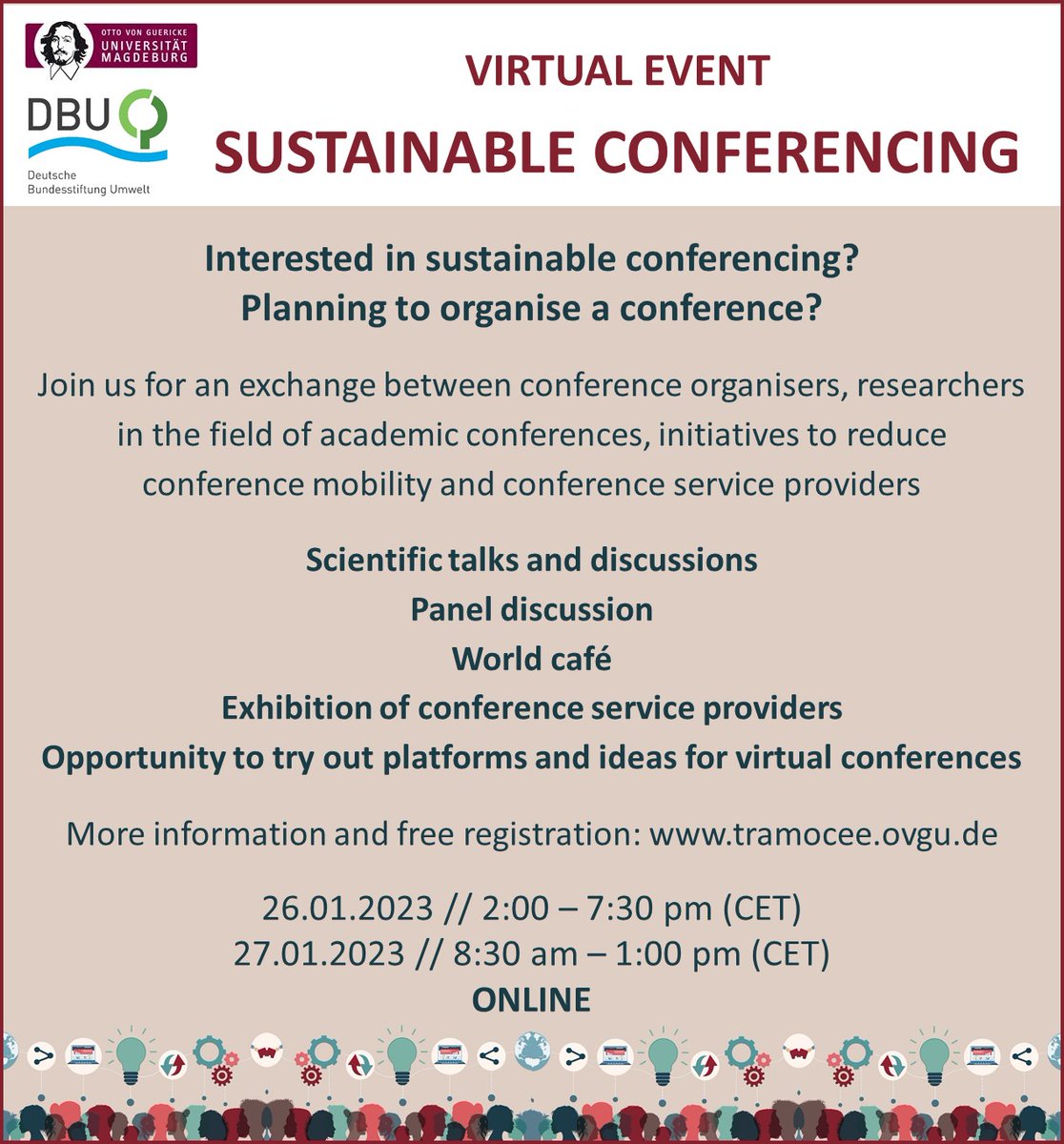 Interested in sustainable conferencing?
Planning to organise a conference?

Join our virtual event on Sustainable Conference Design of the Future organised by @OvGU_UmweltPsy supported by @umweltstiftung.

tramocee.ovgu.de/en

#SustainableConferencing #VirtualConferences