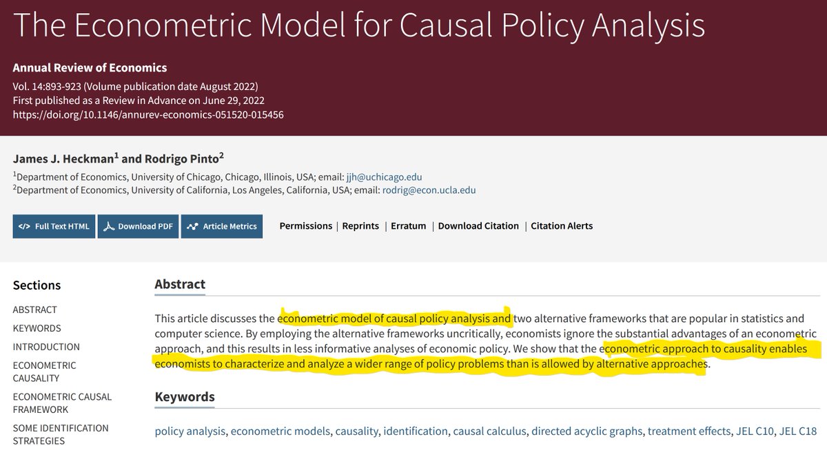 CavaliereGiu's tweet photo. Hi #EconTwitter!

Interested in the #econometrics of 𝐜𝐚𝐮𝐬𝐚𝐥 𝐢𝐧𝐟𝐞𝐫𝐞𝐧𝐜𝐞 and 𝐩𝐨𝐥𝐢𝐜𝐲 𝐞𝐯𝐚𝐥𝐮𝐚𝐭𝐢𝐨𝐧? 

Check out this provoking paper by James Heckman @heckmanequation (@UChicago) and Rodrigo Pinto (@UCLA) on their "econometric causal model" approach! https://t.co/zphCVq41P8