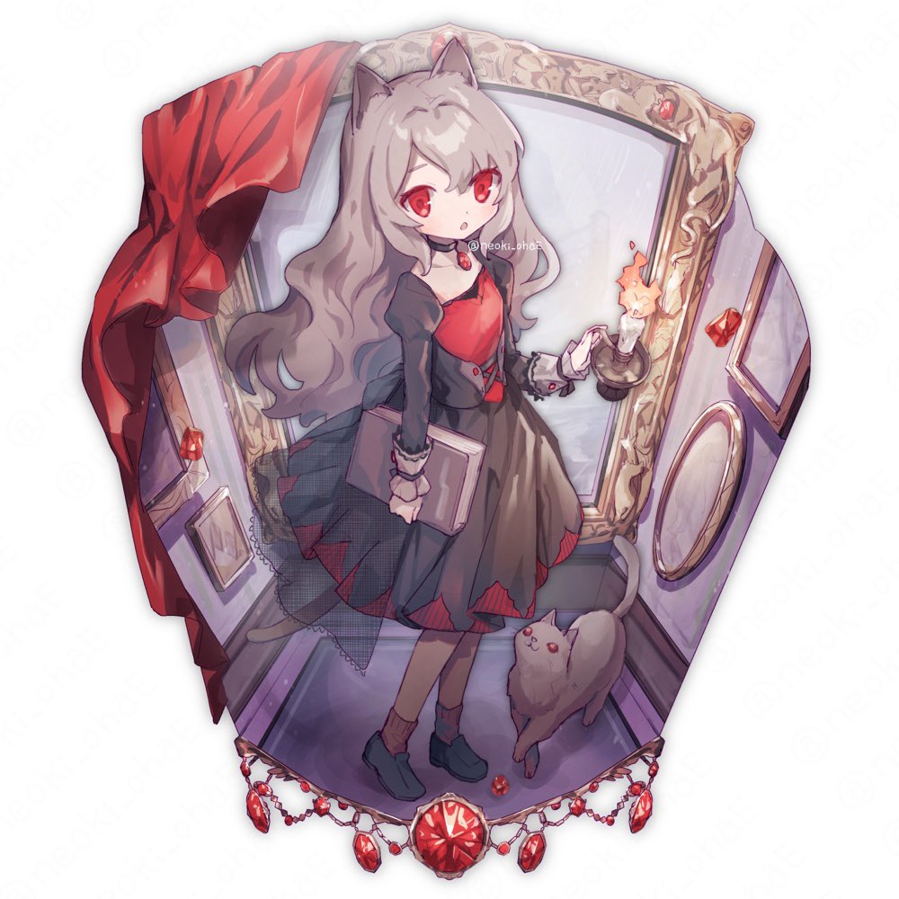 1girl animal ears red eyes long hair holding gem cat  illustration images