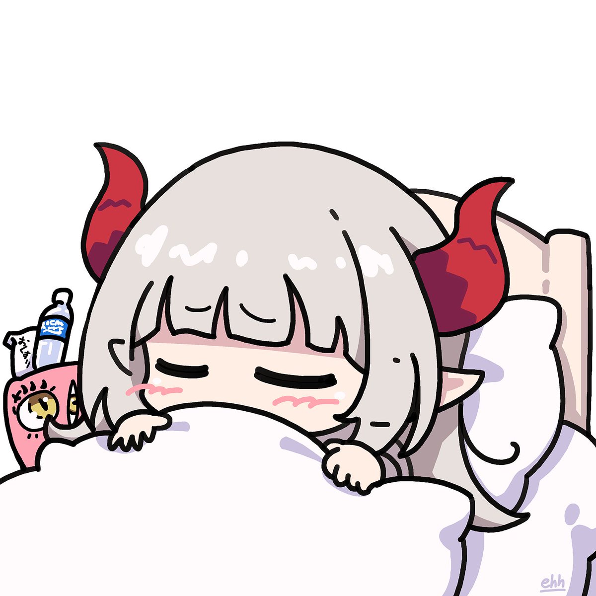 1girl horns solo pillow closed eyes pointy ears under covers  illustration images