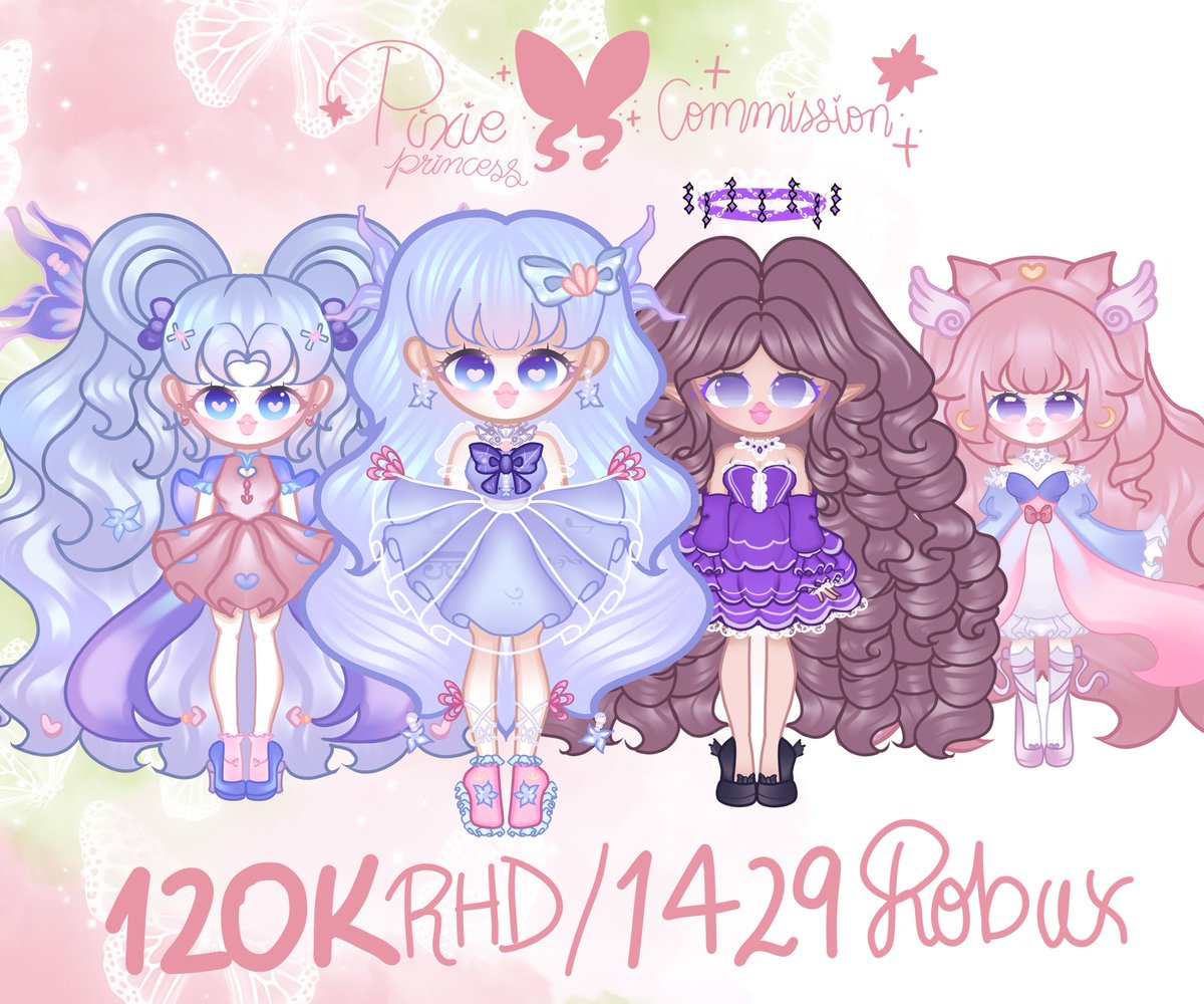 COMMISSIONS OPEN 🦋
🤍Diamond Deity Commission💎
*-+ Regular Art Style 
🧚🏻‍♀️ Pixie Princess Commission💫
*-+ Special Reference Drawing Style

#royalehigh #royalehighcommission #rhart #royalehighart #royalehighcommissions #robloxart #robloxartist #ArtistOnTwitter