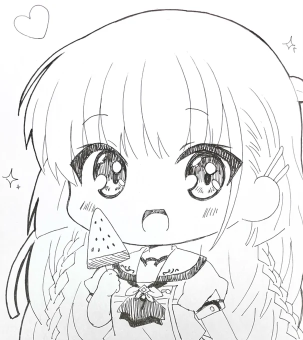 今日のアナログイラスト49日目はサマポケのしろはです。スイカバー🍉 