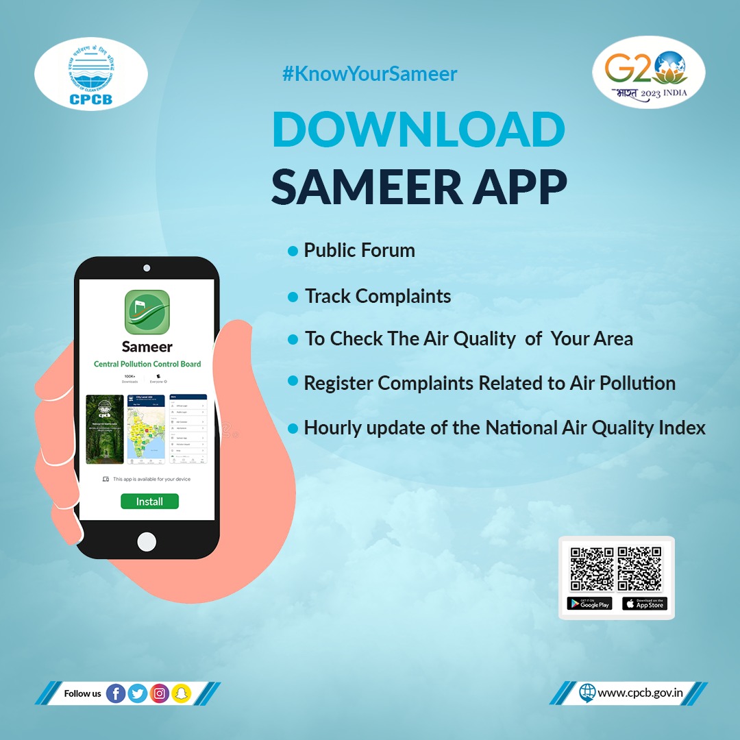CPCB_OFFICIAL's tweet photo. Download #SameerApp to check the air quality of your area/city Now. 

#KnowYourSameer #CPCB
@moefcc @byadavbjp @AshwiniKChoubey @mygovindia @PIB_India https://t.co/FOdEcvRjTe