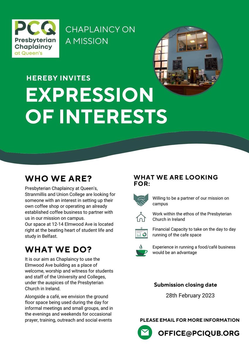 rickhillni's tweet photo. The Presbyterian Chaplaincy at Queens  are inviting expressions of interest for the opportunity of opening a coffee shop in their central premises. A fantastic opportunity for anyone seeking to develop their own coffee business while partnering with Chaplaincy on campus. https://t.co/QaWYV1dnaZ