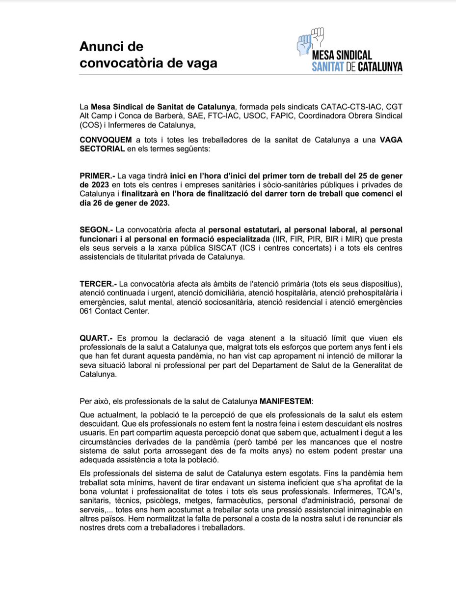 MesaSanitat's tweet photo. Avui la @MesaSanitat hem registrat la #VagaSanitat pel 25 i 26 de Gener. Adjuntem la nostra carta als “reis mags” dirigida al Departament de Salut. Creiem que ens hem comportat com es mereixia la societat i per tant ens mereixem això i molt més. Ja no ens alimenten molles! https://t.co/y8EczyfSg2
