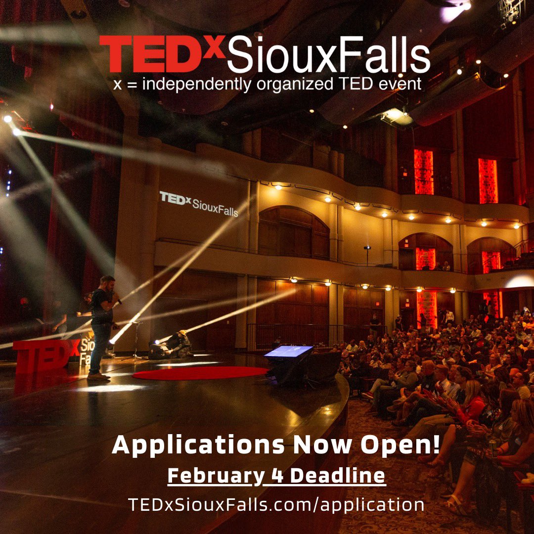TEDxSiouxFalls is back! Applications are now open through February 4. 

Do you have an idea worth spreading? Is there an extraordinary story or experience our community could learn about from you?

Visit TEDxSiouxFalls.com/application to learn more. We would love to hear your story.