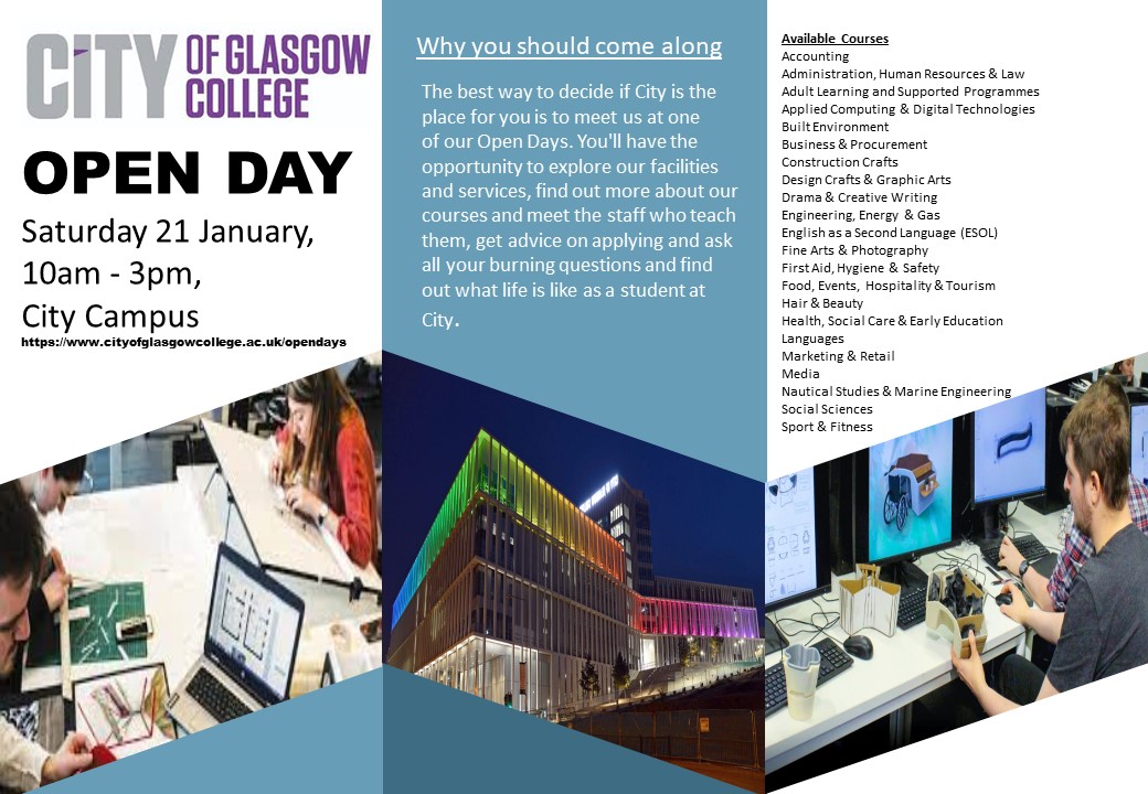 A great opportunity for our S4,5 and 6 Pupils to get themselves along to see what courses are available and to see the facilities. don't miss out!