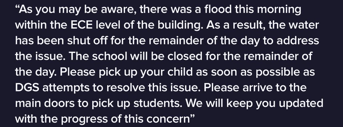 VJKapur's tweet photo. My kid’s @dcpublicschools elementary school is shutting down due to flooding in the ECE hallway. I wonder much deferred maintenance from @DCDGS led to this. https://t.co/me95EsJdwb