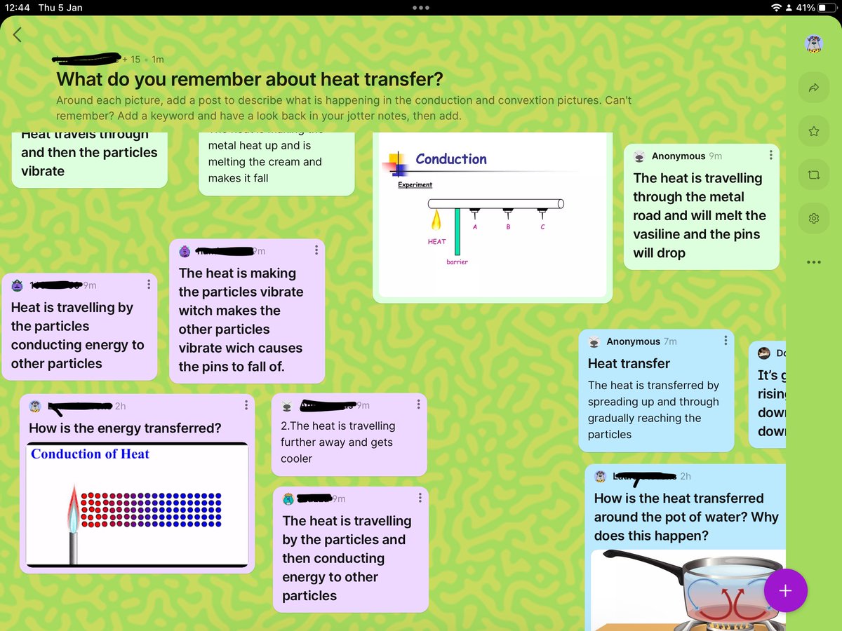 craigiescience's tweet photo. A wee starter on heat transfer on @padlet provided an opportunity to do a short tutorial with S1, so that they can start to build their own padlets this term! #howdidyoudothat #empoweredlearners @DigiLearnEdin @DigiLearnScot @CHSLearnTeach @CraigmountHS https://t.co/YCIi175KLp