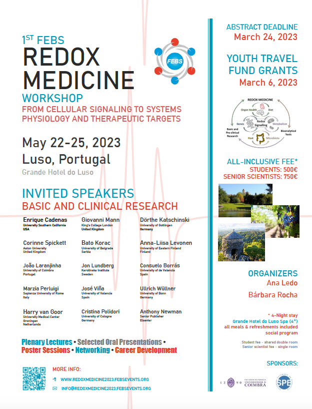 The 1st FEBS Redox medicine Workshop will be held in Luso, Portugal, May 22-25! It will cover the most recent data on the redox regulation of biological functions ranging from fundamental to clinical research.
Apply for Youth Travel Funds until March 6! 
redoxmedicine2023.febsevents.org