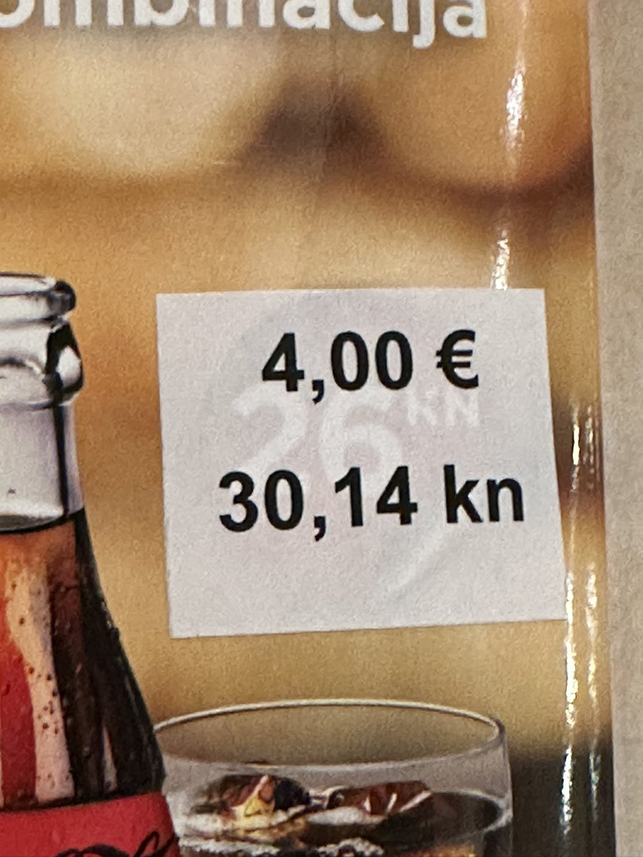 danijelb's tweet photo. @petr_abc @SlavomirJardek @eurovCesku Coffee with milk + Coca cola in a cafe in the city center 
Dec 31st - 26 kn (3.45 €)
Jan 1st - 4 € (30.14 kn)

They just don't care about double pricing. Even the government is angry. This is not the fault of the euro but the business owners. Not everyone did this but many did. https://t.co/bbcqU7eevW