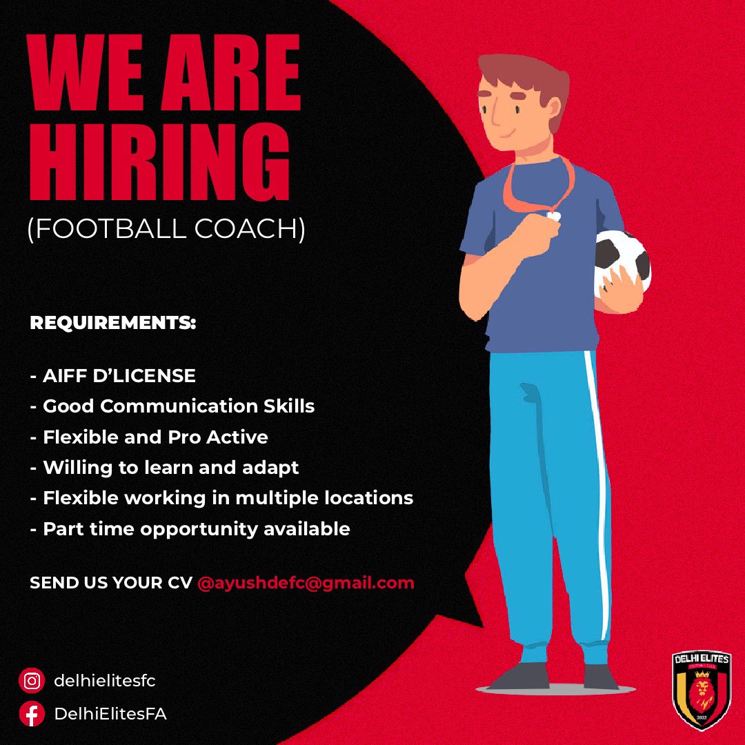 DelhiElites's tweet photo. HEADS UP COACHES!
We're looking for energetic, ethical and an #Elite Coach 👀
AIFF 'D' License is required, send us your CVs at ayushdefc@gmail.com
RIGHT NOW!! 🤩
.
.
.

#WeAreElites #TheElites #EliteMindset #SelfGrowth #Delhi #Football #Academy #DEFC #DEFA #IndianFootball https://t.co/1KoL88nPWz