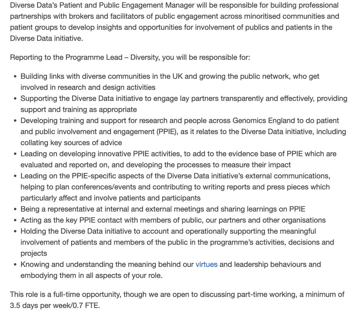 📢New job alert #jobfairy 🧚‍♀️ Come and work with me in the Diverse Data initiative @GenomicsEngland as our Patient & Public Engagement #PPIE Manager!! ⏰ Deadline 20th Jan - just submit your CV and you're good to go! Apply ➡️smrtr.io/cDvQf #data #diversity #genomics