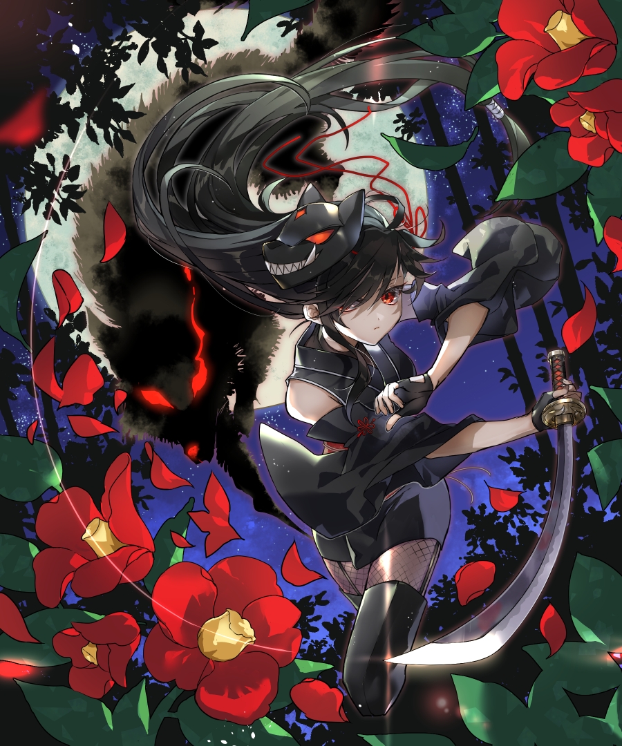 1girl weapon sword mask black hair red eyes long hair  illustration images