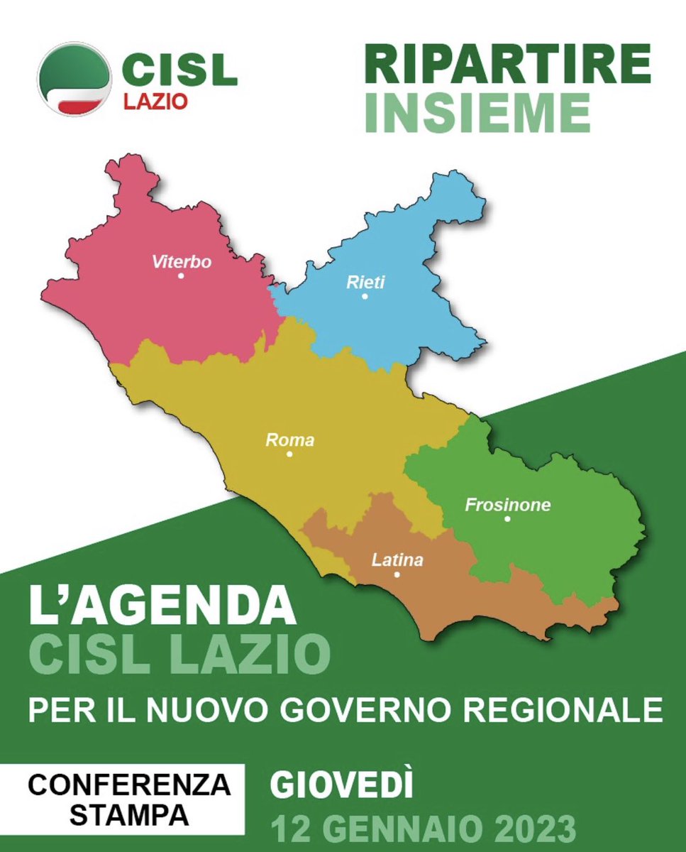 12 gennaio presenteremo in Conferenza Stampa l’Agenda Cisl #Lazio per il nuovo Governo Regionale.
Coppotelli:Abbiamo invitato a partecipare ed intervenire i Candidati Presidenti.
Crediamo che le nostre priorità possano essere condivise in un perimetro di corresponsabilità sociale