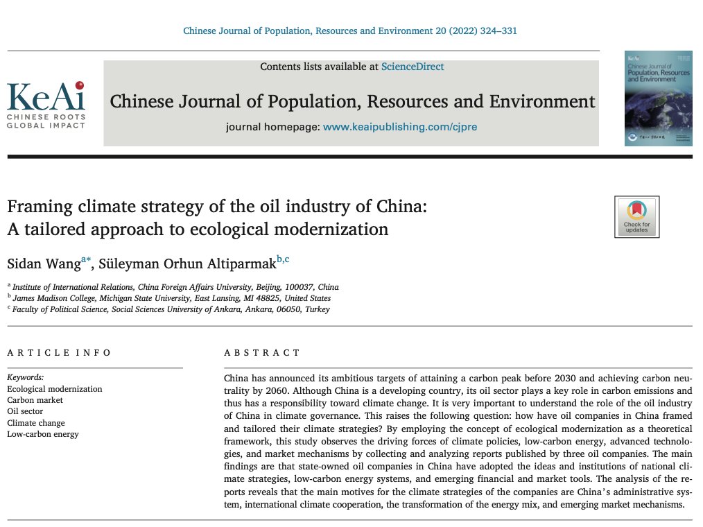 Our joint paper with Sidan Wang is out in Chinese Journal of Population, Resources and Environment

"Framing climate strategy of the oil industry of China: A tailored approach to ecological modernization"

sciencedirect.com/science/articl…