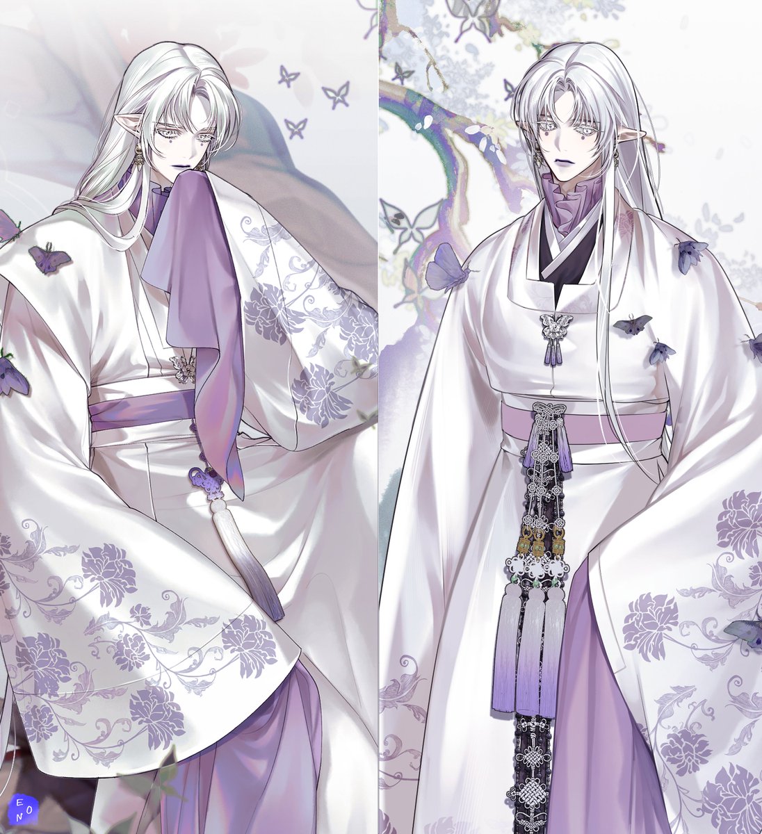 pointy ears bug white hair butterfly male focus long hair 2boys  illustration images