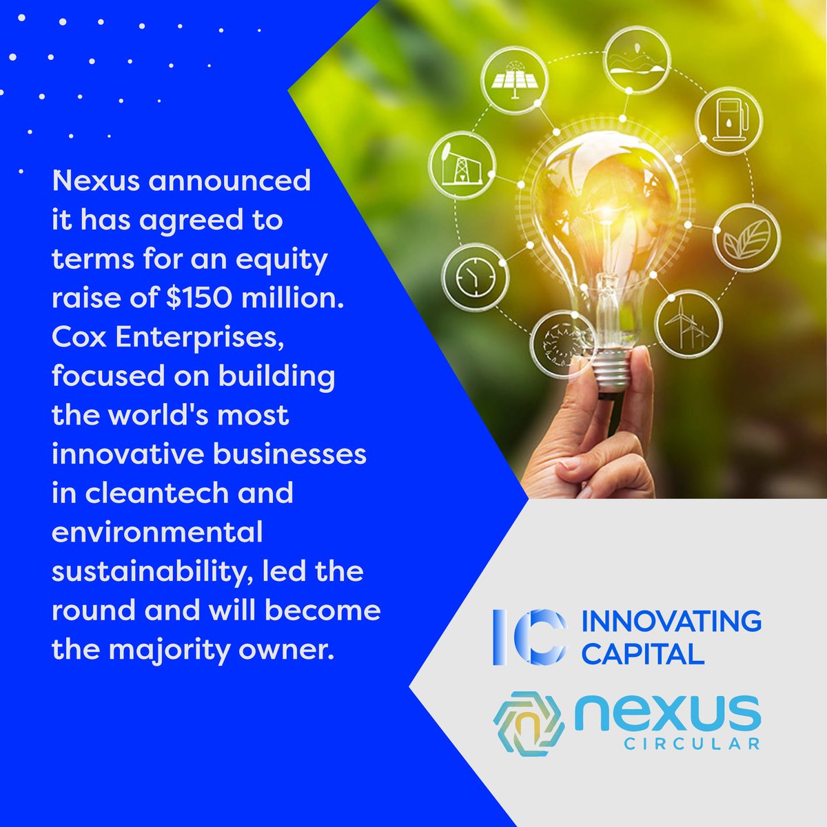 InnovatingCap's tweet photo. Nexus raises $150 million in equity funding, led by Cox Enterprises.
#equityraise #venturecapital #startupfunding #startupgrowth #startupnews #entrepreneur #entrepreneurlife #entrepreneurship #businessnews #cleantech #sustainability #sustainablebusiness #sustainableinvesting https://t.co/Fxd8cuVkA8