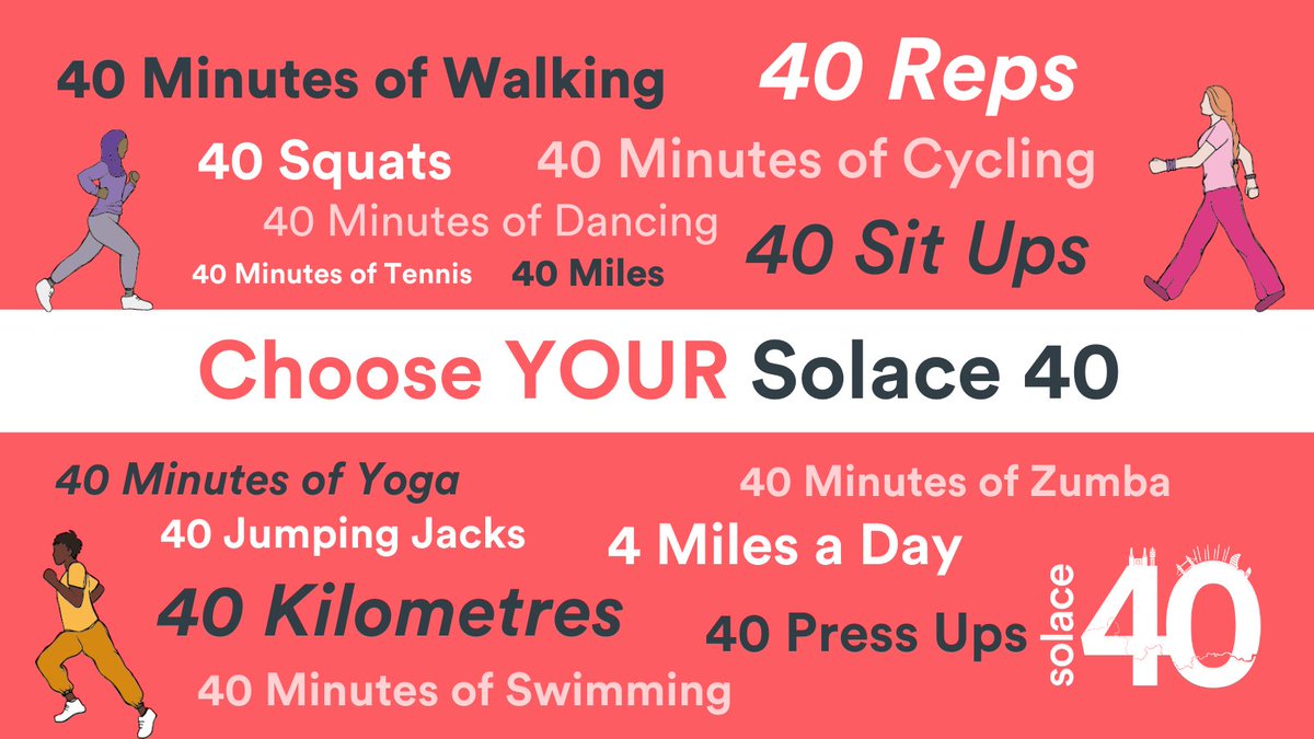 SolaceWomensAid's tweet photo. Find a challenge that is right for you and join the fun! Sign up to Solace 40 this January and make your challenge your own! Get started now https://t.co/mA98DB3mGf #Solace40 #TeamSolace https://t.co/rWwv5H9myg