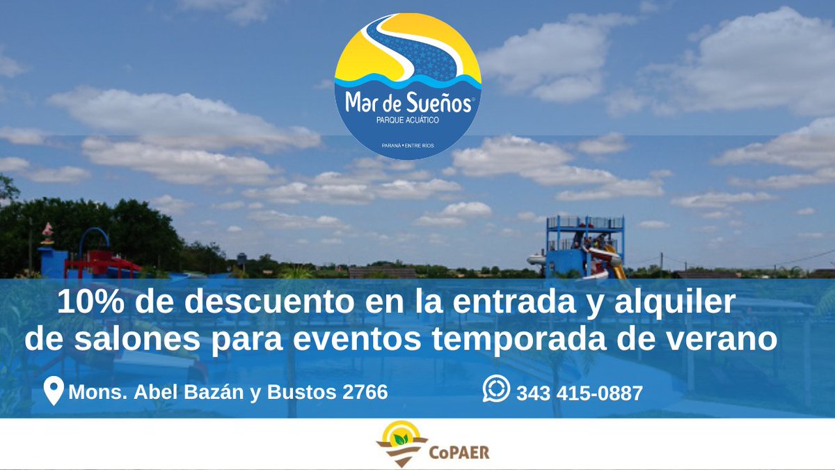 CopaerColegio's tweet photo. ¡A DISFRUTAR!
Todo matriculado del CoPAER, tiene un 10% de descuento en el valor de la entrada y alquiler de salones para eventos temporada de verano.
▪️Contactos: 
📱 WhatsApp: 3424292790 
📍 Dirección: Mons. Abel Bazán y Bustos 2766- Paraná ER. https://t.co/V6sVd63GAL