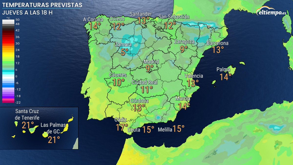 ElTiempoes's tweet image. Estas son las temperaturas que habrá a las 6 de la tarde en algunas de las ciudades españolas. Sin lluvia prevista disfrutaremos de la llegada de los #ReyesMagos en la #Cabalgata2023 ¡Abrígate bien si estás en centro de Castilla y León o en Lleida! 👇