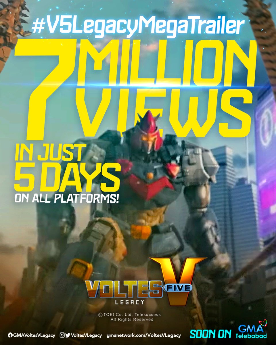 7M VIEWS NA ANG #V5LegacyMegaTrailer IN JUST 5 DAYS ON ALL PLATFORMS?! 😱

Mukhang sobrang excited na kayo para sa #VoltesVLegacy, mga Kapuso! MEGA THANK YOU SA INYONG LAHAT!