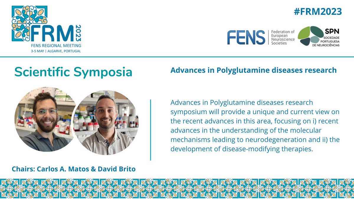 FENSRM's tweet photo. Scientific Symposia #FRM2023☀️Algarve ☀️
S17: Advances in Polyglutamine diseases research
🗣️Carlos A. Matos & @davidvcbrito
🇵🇹 @Algarve_ABC
Let's discuss all steps through the development of disease-modifying therapies!
#polyQ #neurodegeneration #therapy https://t.co/dBV24RfnJd