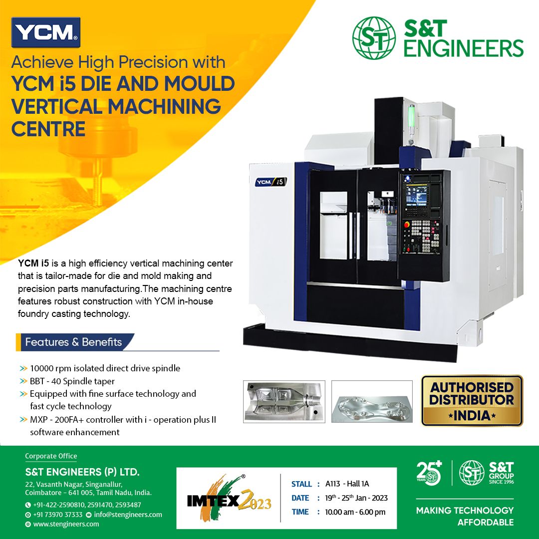 STEngineersPvt1's tweet photo. Proud to have #YCM i5-Precise 3 Axis #Machining Center, live demonstration @IMTEX
JAN 19th to 25th 2023.
STALL: A113(H1A)
#imtex2023 #stengineers #sandtgroup #ycmi5 #stycm #ycmcnc #i5 #VMC #diemould #mould #bangalore #precision # https://t.co/9EisRfJ68T