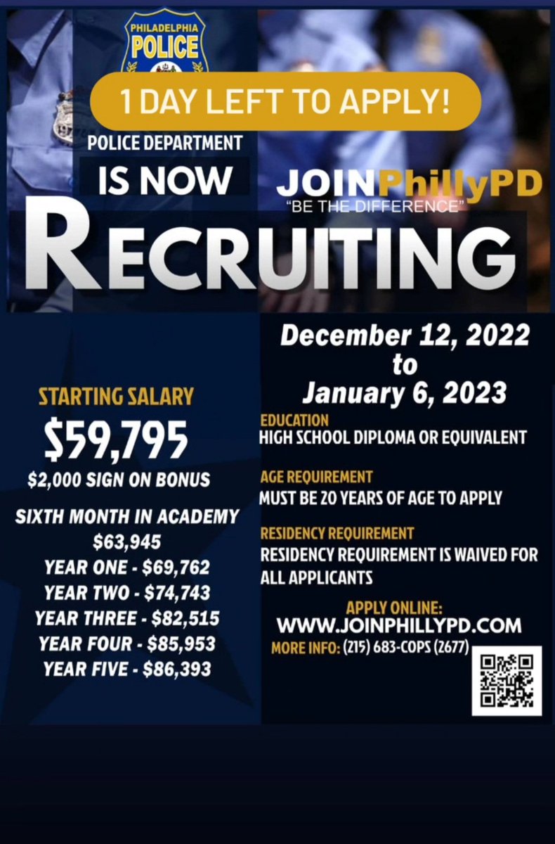 PPD APPLICATIONS WILL BE CLOSING TOMORROW MAKE SURE YOU APPLY @ JOINPHILLYPD.COM
#makinganimpact #bethechange #bethedifference #phillypd #ppd #Philly #Philadelphia #police  #cop #cops #phillycop