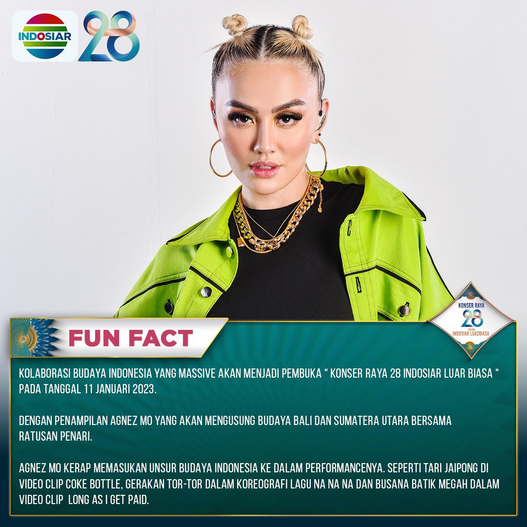 Indosiar's tweet photo. Wahhh! Ada yang spesial nanti nih di HUT Indosiar ke-28, siapa yang udah nungguin penampilan luar biasa dari @agnezmo ?🙌🏻😍

Yuk kepoin dulu beberapa fun fact penampilan @agnezmo di Konser Raya 28 Indosiar Lua28iasa! 🎉✨
.
.
#28IndosiarLuarBiasa #Indosiar28LuarBiasa #AgnezMo https://t.co/Phr1LNJ4L3