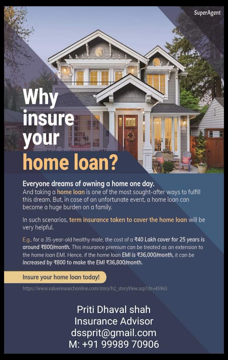 DhavalS64796860's tweet image. Insure &amp;amp; be secure .
#homeloaninsurance 
To know more pl CONTACT me 
Call or whatsapp me on 9998970906