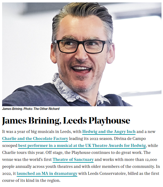 LeedsPlayhouse's tweet photo. Fantastic to see our Artistic Director and Chief Executive James Brining (@jamesbrining) featured in The Stage's 100 most influential people in theatre. Congrats James and the wider Leeds Playhouse company!

Read more here https://t.co/CaABMCQRHk https://t.co/2eqVPuTVN4