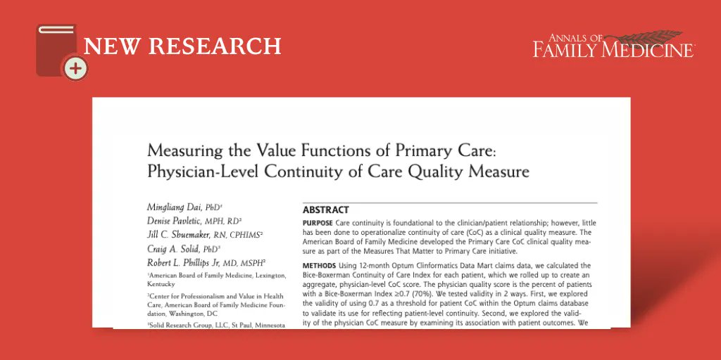 Annals of Family Medicine (@annfammed) on Twitter photo Researchers present the results of rigorous testing req'd for <a href="/NatQualityForum/">National Quality Forum (NQF)</a> endorsement of a new continuity of care clinical quality measure from @theABFM.
In short, the measure met validity and reliability reqs for implementation.
bit.ly/3UhkbIW Researchers present the results of rigorous testing req'd for <a href="/NatQualityForum/">National Quality Forum (NQF)</a> endorsement of a new continuity of care clinical quality measure from @theABFM.
In short, the measure met validity and reliability reqs for implementation.
bit.ly/3UhkbIW