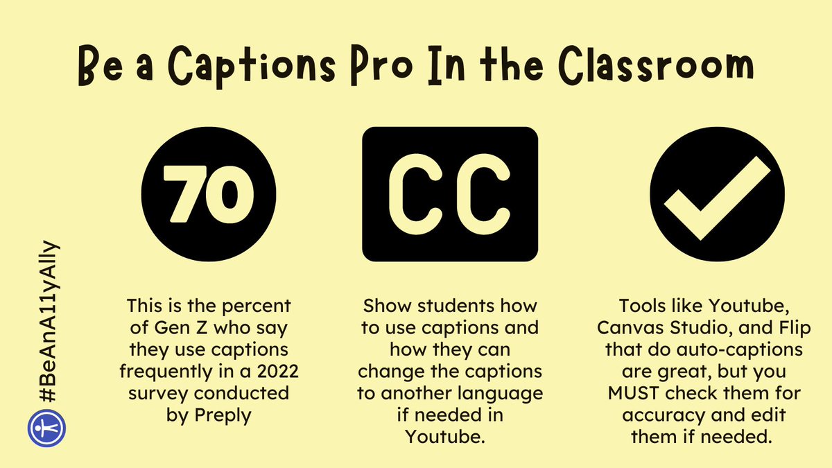 KatieF's tweet photo. Remember to add closed captions to your videos! Captions not only make your videos more accessible to users who are deaf or hard of hearing, but they also help all users better understand and retain the information presented in the video. #BeAnA11y #AllyEd https://t.co/zW6xgYJYxC